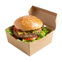 AI generated A closed hamburger box with fresh lettuce and tomatoes inside, against a plain background. png