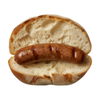 AI generated A perfectly grilled sausage rests inside a freshly toasted bun against a plain background, highlighting the simplicity and appeal of this classic snack. png