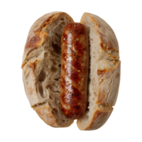 AI generated A succulent grilled bratwurst sausage nestled within the split of a crusty, golden-brown bun, presented against a plain background to highlight the simple, yet appetizing meal. png