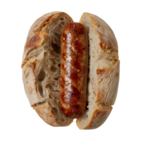 ai generiert ein saftig gegrillt Bratwurst Würstchen eingebettet innerhalb das Teilt von ein knusprig, goldbraun Brötchen, vorgestellt gegen ein einfach Hintergrund zu Markieren das einfach, noch appetitlich Mahlzeit. png