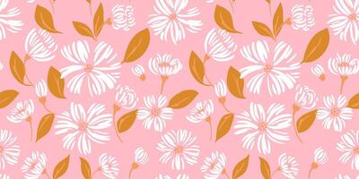 Simple creative shapes flowers and leaves seamless pattern. Abstract simple ditsy floral printing on a pink background. Vector hand drawn sketch. Template for design, children textile, surface design