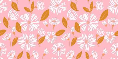 Simple creative shapes flowers and leaves seamless pattern. Abstract simple ditsy floral printing on a pink background. Vector hand drawn sketch. Template for design, children textile, surface design