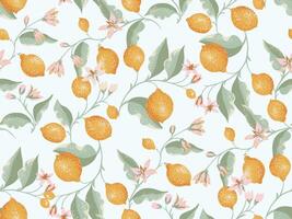 Abstract artistic branches with lemons, lime, leaves, flowers seamless pattern. Vector hand drawn illustration. Beautiful summer citrus fruits printing on a light background. Template for designs