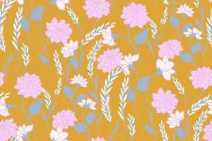 Colorful summer wild floral stems intertwined in a seamless pattern on a yellow background. Abstract artistic branches with ditsy flowers and leaves  printing. Vector hand drawn.Template for designs