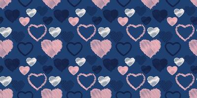 Seamless, simple, dark blue pattern with vector hand drawn hearts. Print with set texture heart silhouettes. Valentine, love background. Template for textile, fashion, print, surfac