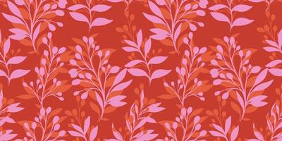 Artistic simple shapes branches leaves seamless pattern. Abstract, modern, colorful leaf stems on a orange background. Vector hand drawn. Template for design, textile, fashion, printing