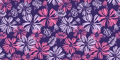 Seamless abstract shapes meadow flowers pattern. Vector hand drawn sketch. Creative simple ditsy floral and buds printing on a violet background. Template for designs, textile, fabric