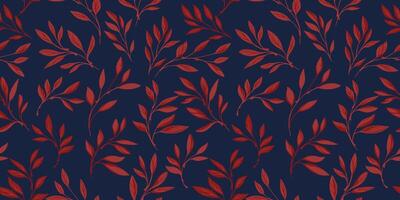 Artistic leaf stems seamless pattern. Abstract, delicately small garden leaves, branches dark blue  printing. Vector hand drawn. Template for designs, fashion, fabric