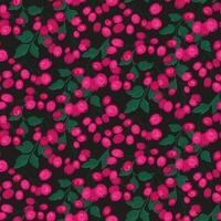 Colorful creative seamless pattern with abstract branches with berries leaves on a black background. Stylized artistic juniper, boxwood, viburnum, barberry illustration patterned. Vector hand drawn.