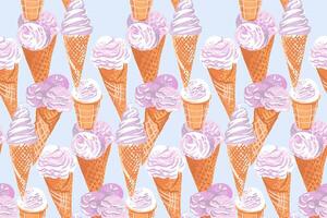 Pastel abstract artistic fresh ice cream in cone seamless pattern. Vector hand drawn illustration. Summer light blue background with ice cream dessert, sweets. Collage for designs, children textiles