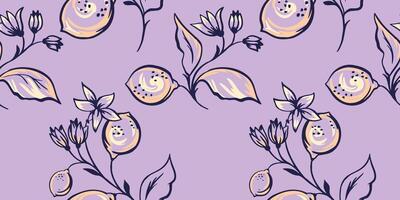 Simple purple seamless pattern with abstract creative floral branches with lemons, lime, leaves, tiny buds. Vector hand drawn sketch. Summer fruits illustration for print. Template for designs