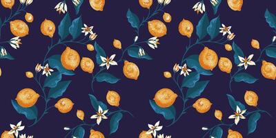 Abstract artistic floral stems with lemon, lime, flowers, buds, leaves  seamless pattern. Vector hand drawn Illustration. Colorful summer branches with yellow fruits for print on a dark background