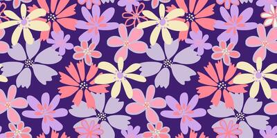 Creative shapes flowers seamless pattern on a violet background. Vector hand drawn sketch. Summer abstract groovy floral printing. Template for designs, notebook cover, childish textiles