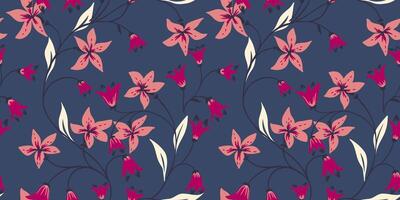 Abstract artistic tiny bells flowers branches and leaves intertwined in a seamless pattern. Creative wild floral stems printing  on a dark turquoise background. Template for designs, fabric, fashion vector