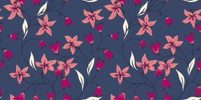 resumen artístico minúsculo campanas flores ramas y hojas entrelazados en un sin costura modelo. creativo salvaje floral tallos impresión en un oscuro turquesa antecedentes. modelo para diseños, tela, Moda vector