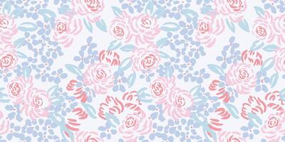 Seamless pastel flowers rose, leaves background texture. Vector hand drawn sketch. Floral brush pattern on a blue background. Design for fashion, fabric, wallpaper.