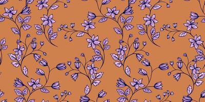 Artistic abstract branches with tiny flowers bells and leaves intertwined in a seamless pattern. Vector hand drawn. Retro vintage creative wild floral stems yellow mustard print. Template for designs