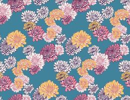 Multicolored large floral seamless pattern on a turquoise background. Blossoms abstract artistic flowers dahlias, peonies, chrysanthemums printing. Vector drawn illustration. Template for designs