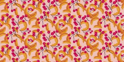 Colorful creative artistic monogram and abstract branches berries seamless pattern. Ornament decorative patterned. Vector hand drawn. Collage template for printing, textile, surface design, fabric.