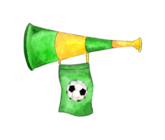 Watercolor illustration of a green yellow soccer fan whistle with a flag and a ball on it. Horn is an attribute of the fan. Noise generator. Isolated. Drawn by hand. png