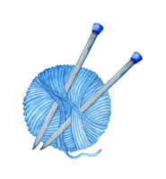 Watercolor illustration of knitting needles inserted into a skein of blue yarn. Knitting. Creativity, needlework, knitting. Logo, design. Isolated. Drawn by hand. png
