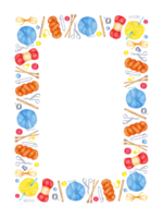 Watercolor frame for knitting with tools knitting needles, crochet, stitch markers, safety pins, scissors, yarn, button, thimble. Creativity, handicrafts, design. Isolated. png