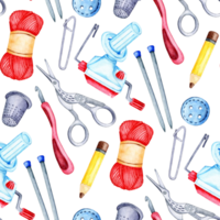 Watercolor pattern knitting tools seamless, repeating pattern. Yarn winder, knitting needles, crochet hook, scissors, skein of thread, pin, thimble, button. Design for fabric, wallpaper, wrapping png