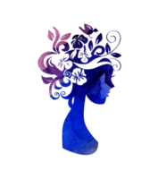 Aquarell Illustration von ein Silhouette von ein Mädchen mit Blumen im ihr Haar mit lila Flecken von malen. Mädchen Frühling, Sommer. Blume Fee. Silhouette zum Design isoliert png