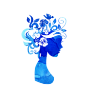 acquerello illustrazione di un' silhouette di un' ragazza con fiori nel sua capelli con blu macchie di dipingere. estate ragazza, molla, inverno. fiore Fata. silhouette per design isolato png