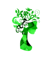 waterverf illustratie van een silhouet van een meisje met bloemen in haar haar- met groen vlekken van verf. meisje lente, zomer. bloem fee. silhouet voor ontwerp geïsoleerd png