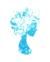 aquarelle illustration de une silhouette de une fille avec fleurs dans sa cheveux avec bleu taches de peindre. fille printemps, été, l'eau. fleur fée. silhouette pour conception isolé png