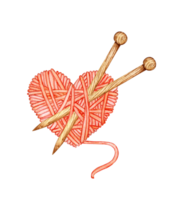 Watercolor illustration of a red skein of thread in the shape of a heart with knitting needles in it. Logo for knitters. Needlework, creativity, threads, a skein of yarn. Favorite hobby isolated. png