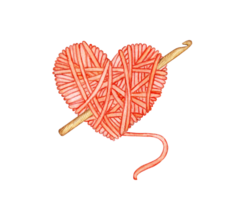 waterverf illustratie van een rood bal van wol in de vorm van een hart met een haken in het. liefde voor breien, creativiteit, handwerk, logo, banier, ontwerp. geïsoleerd. getrokken door hand. png