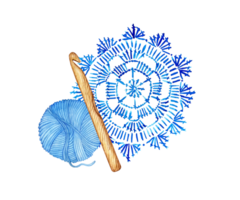 vattenfärg illustration av en blå doily virka och härva. hantverk, kreativitet, hantverk för tapet design, förpackning, omslag, omslag, tyg bakgrund. isolerat. dragen förbi hand. png