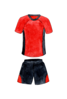 vattenfärg illustration av en röd svart fotboll enhetlig. sporter t-shirt och shorts. de layout av de fotboll enhetlig för de klubb. isolerat. dragen förbi hand. png
