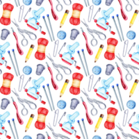 Watercolor pattern knitting tools seamless, repeating pattern. Yarn winder, knitting needles, crochet hook, scissors, skein, pin, thimble, button. Design for fabric, wrapping paper. png