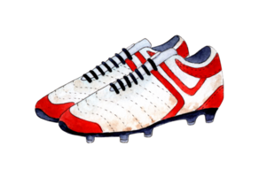 Watercolor illustration of soccer shoes. Special for playing football or rugby. Shoes with studded soles. Player uniform. Isolated. Drawn by hand. png