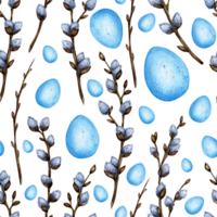 Watercolor illustration of a seamless Easter pattern with blue eggs and pussy willow branches. Religion, tradition, Easter. Isolated . Drawn by hand. png