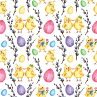 Watercolor illustration of a seamless Easter pattern with yellow chickens, painted eggs and pussy willow branches. Religion, tradition, Easter. Isolated. Drawn by hand. png