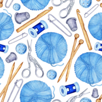 Watercolor pattern knitting tools seamless, repeating pattern. Wooden knitting needles, crochet hook, skeins of woolen yarn, button, pin, scissors. Design for fabric, wallpaper, wrapping paper. png