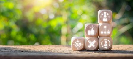 User interface design concept, Wooden block on desk with user interface design icon on virtual screen. photo