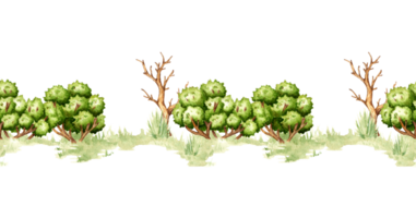 aquarelle illustration modèle horizontal élément de Naturel paysage. forêt faune scène avec vert herbe, des buissons et sec arbre. à composer compositions sur le thème de forêt, tourisme, voyage, png