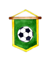 Watercolor illustration of a green soccer pennant with a ball on it. Banner, award, emblem. Football fan flag. Football club advertisement. Isolated. Drawn by hand. png