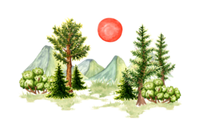 Watercolor illustration of natural landscape. Forest wildlife scene with green grass, mountain ranges and red setting sun. To create design compositions on the theme of tourism, travel, outdoor png