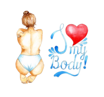 Watercolor illustration of a naked girl sitting with her back and hugging herself. Pose for a photo shoot. Self-love, self-respect, femenism. Inscription I love my body with a heart. png