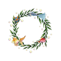 waterverf illustratie van een ronde kader van de onderwater- wereld met algen, zeester, klein vis en bubbels. zee dieren geïsoleerd. composities voor affiches, kaarten, spandoeken, folder png