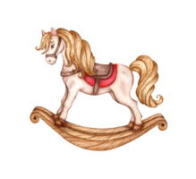 Watercolor illustration of a children's rocking toy. Pony riding for a small child. Isolated from the background. Vintage animal for children's entertainment. Christmas toy for children's party design png