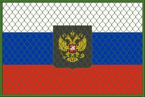 Vector illustration of the flag and coat of arms of Russia under the lattice. Concept of isolationism.