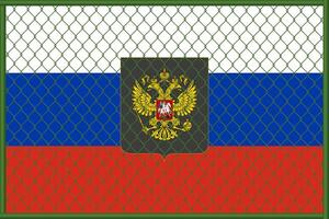 Vector illustration of the flag and coat of arms of Russia under the lattice. Concept of isolationism.