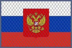 Vector illustration of the flag and coat of arms of Russia under the lattice. Concept of isolationism.